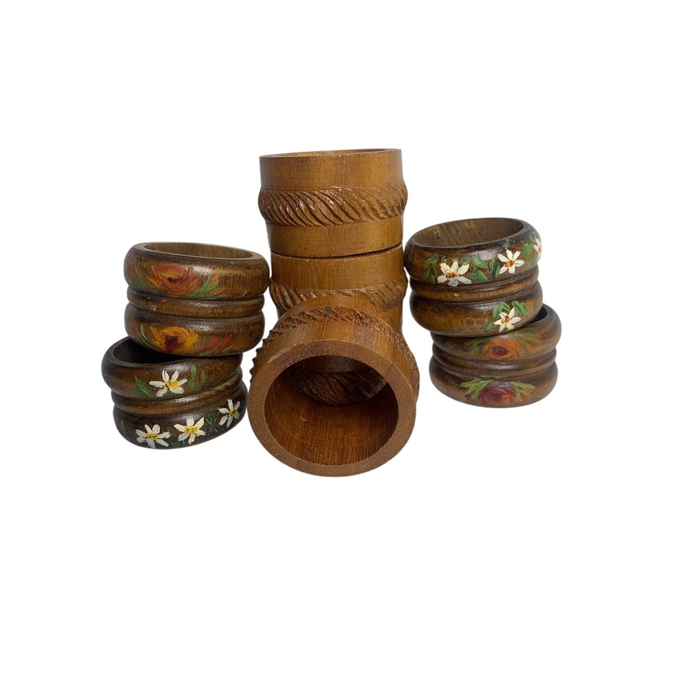 Vintage Hand Painted Floral &‎ Carved Wood Napkin Rings Set of 8 Boho Farmhouse
